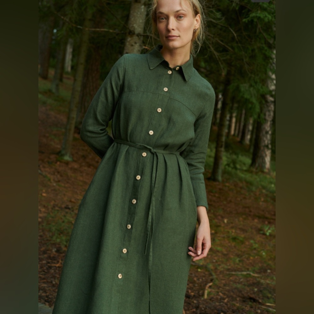 Linenfox Astrid Linen Wool Blend Dress Forest Green